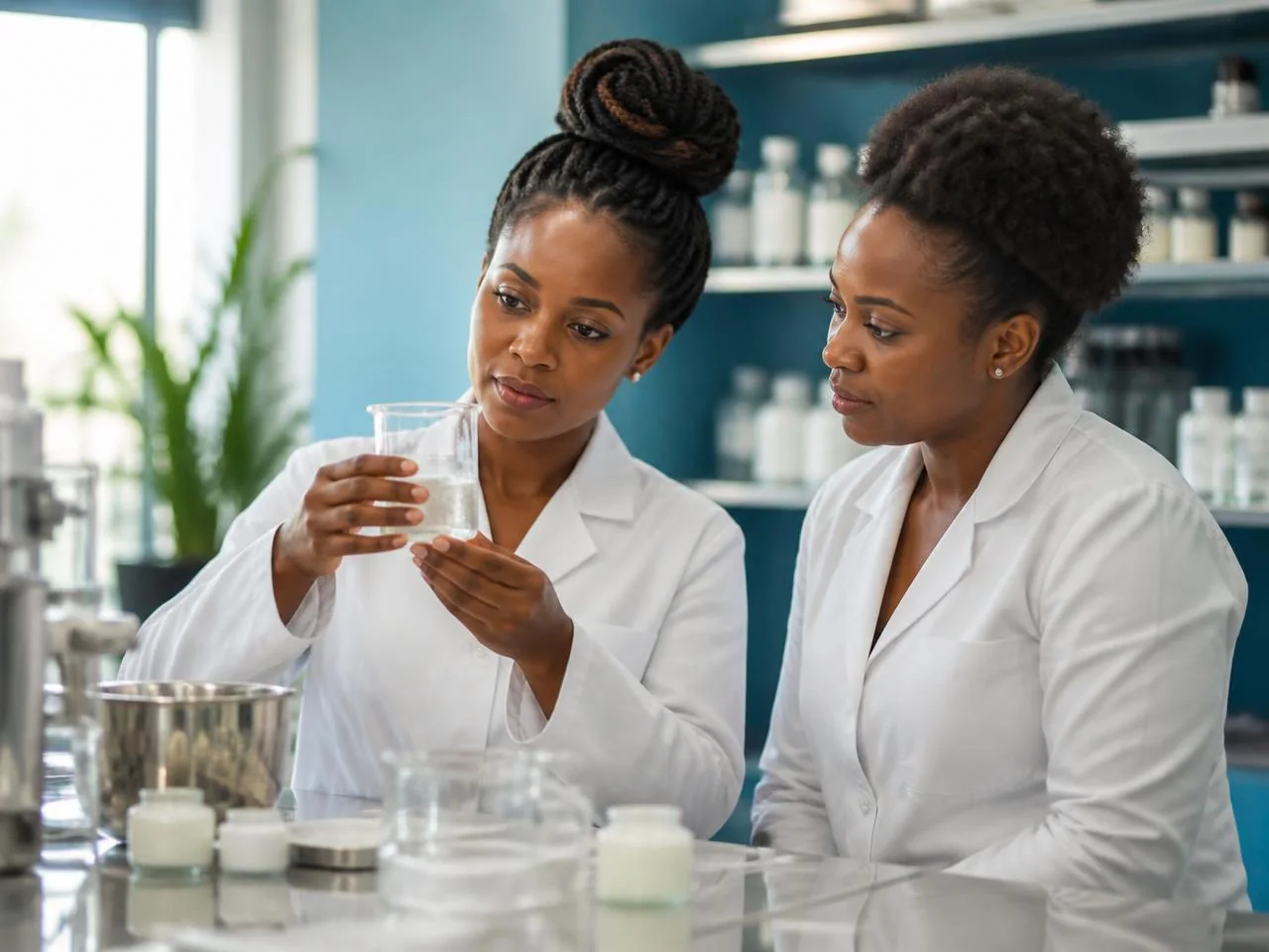 Derme Pro cosmetic scientists examining a formulation in the laboratory