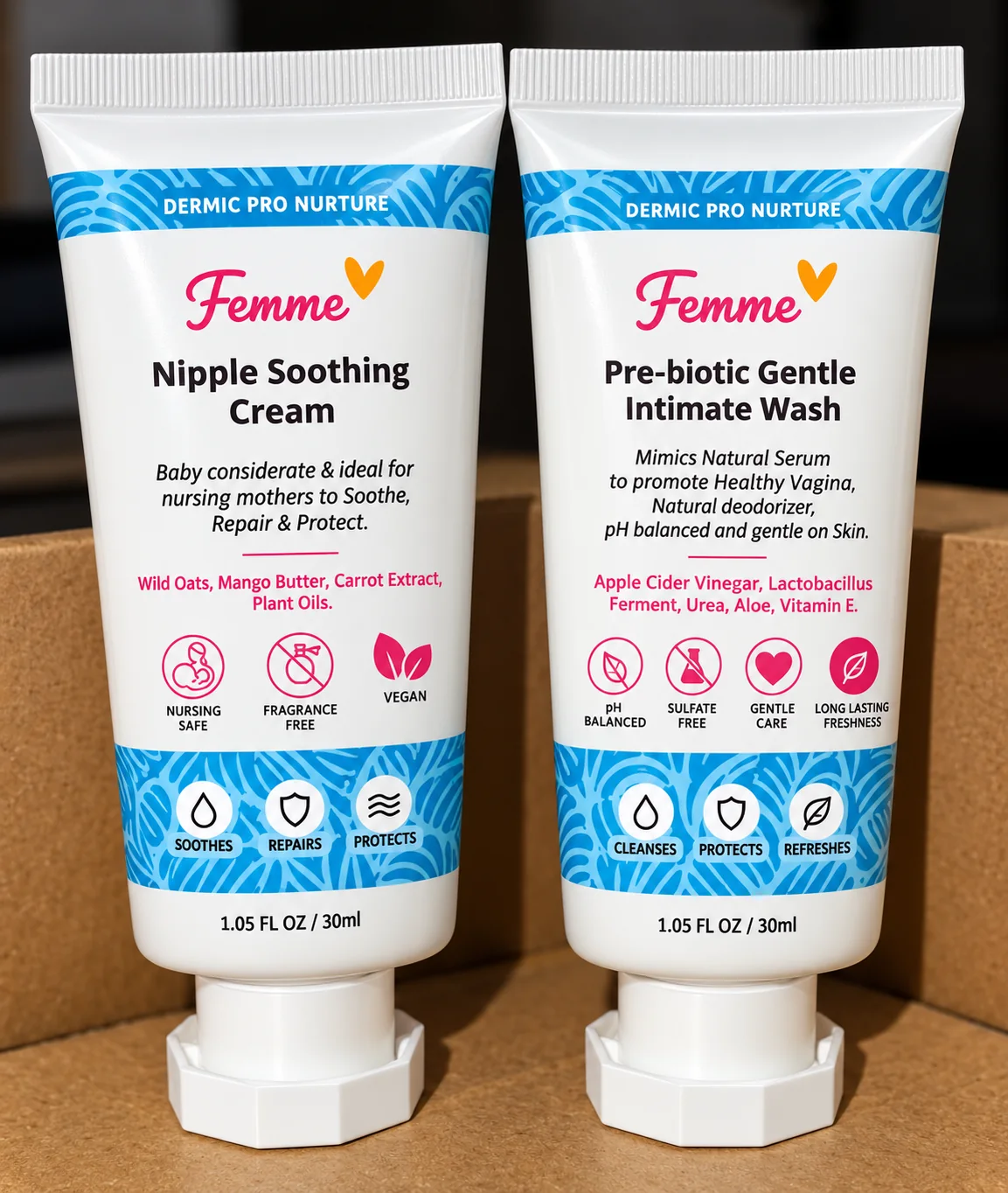 Derme Pro Nurture Femme travel-size Nipple Soothing Cream and Pre-biotic Gentle Intimate Wash