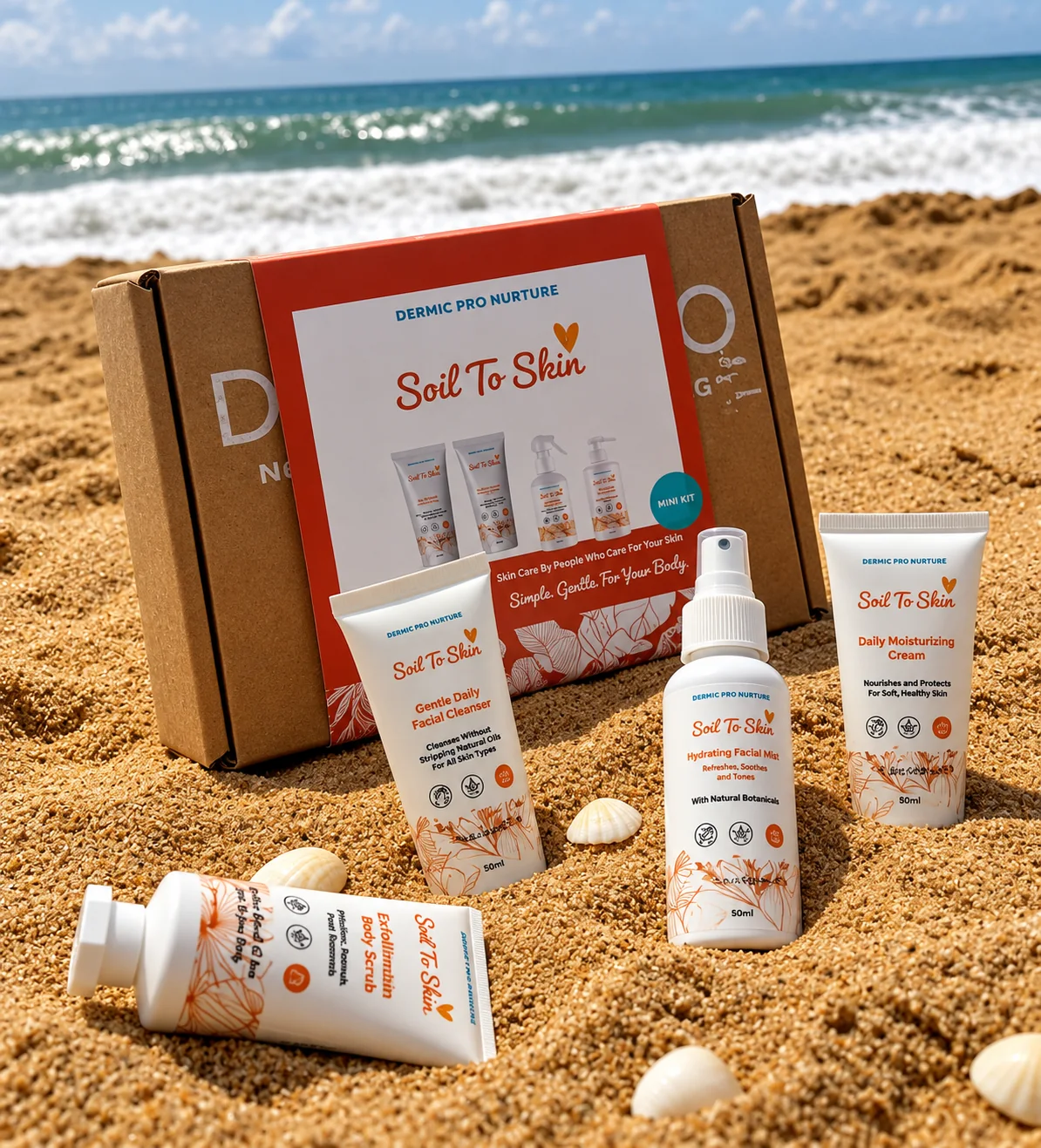 Derme Pro Nurture Soil to Skin gift box and products on a beach